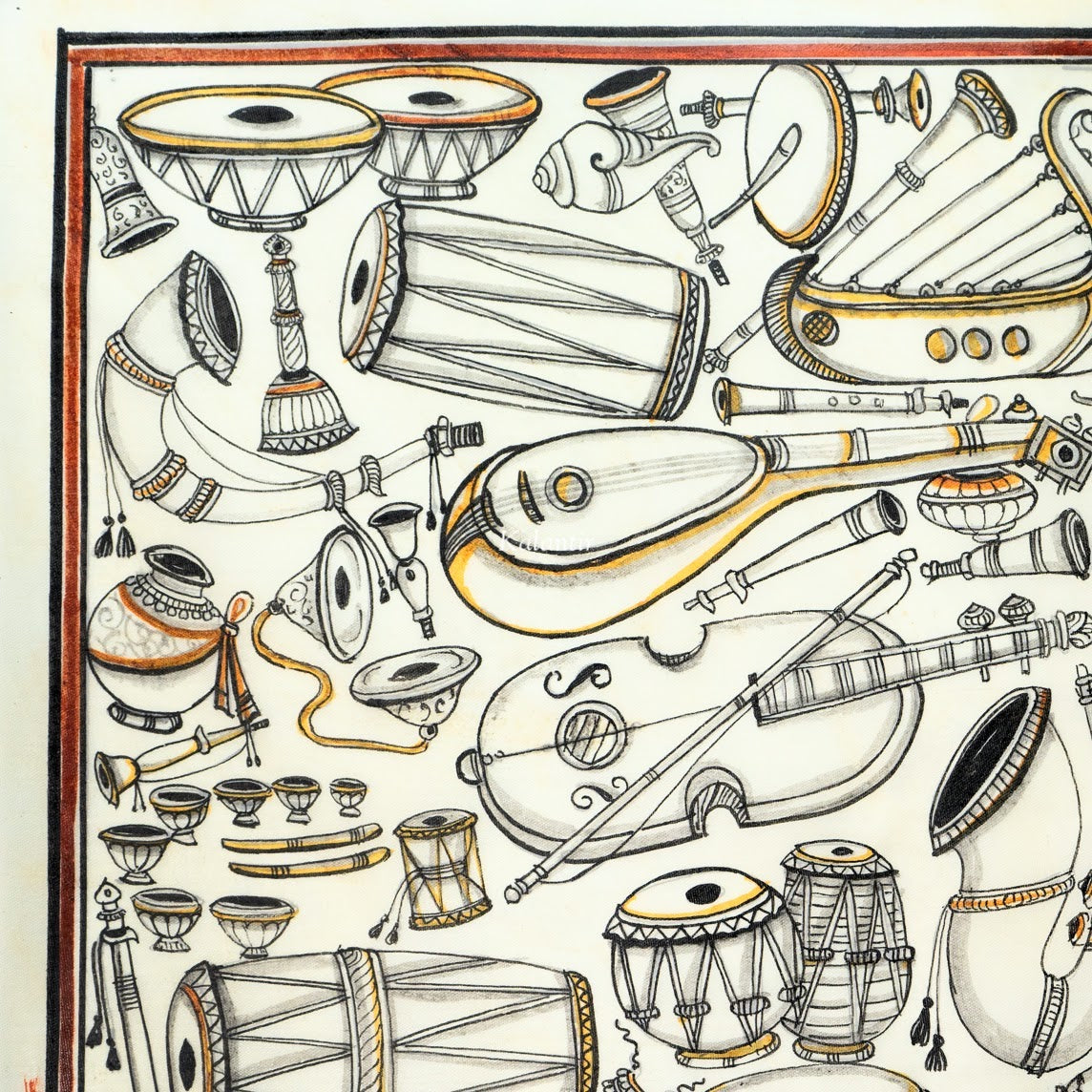 Image of Sketch of Indian Traditional Music Instruments Shehnai, Dol, Tabla  editable outline illustration-BR347327-Picxy