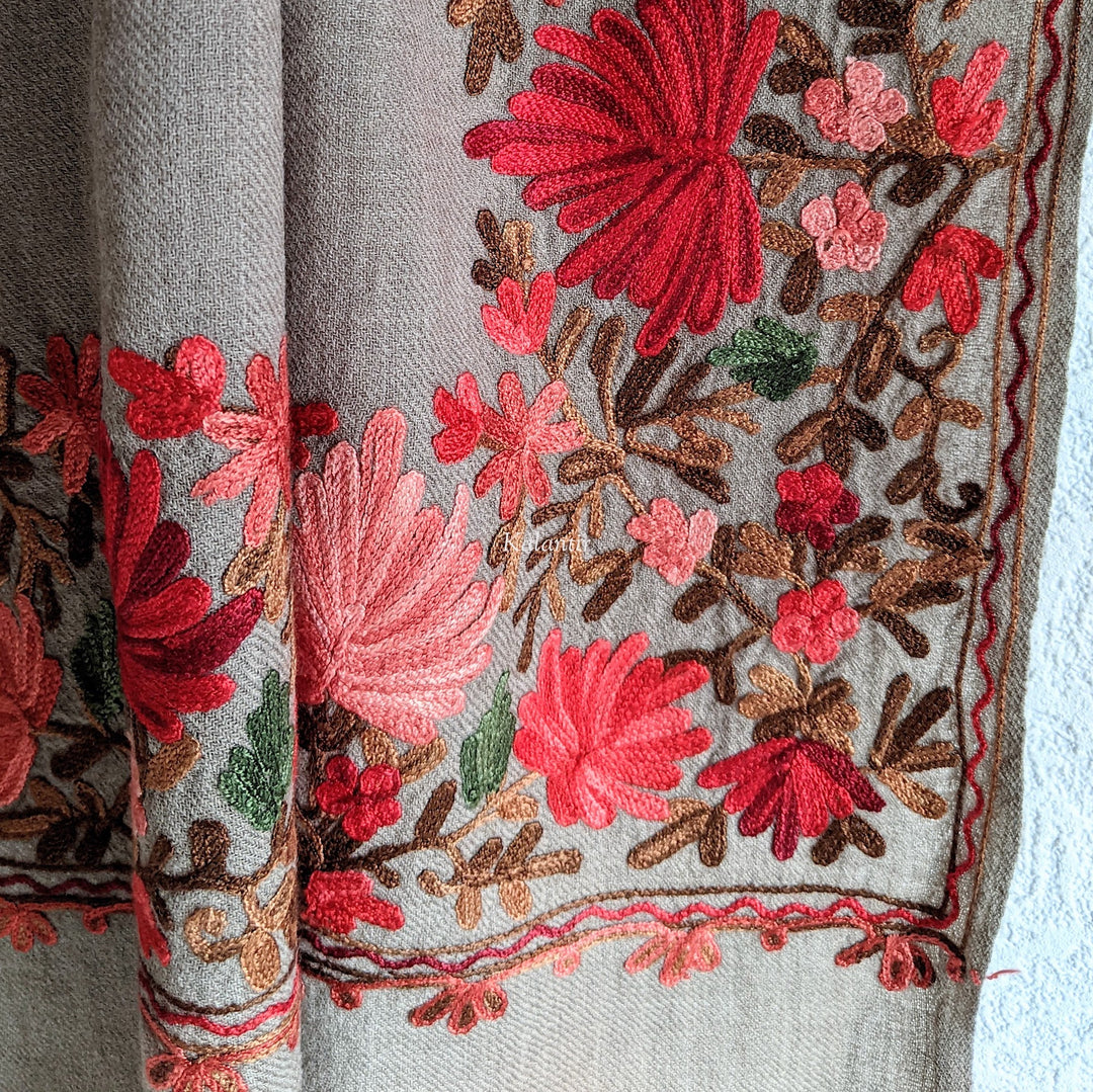 Grey Woollen Stole with Multicolored Kashmiri Aari Embroidery