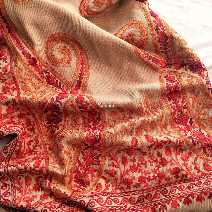 Kashmiri Aari Embroidered Light Brown Colored Raffal Wool Stole