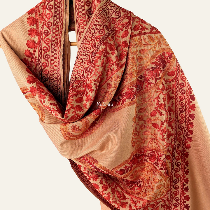 Kashmiri Aari Embroidered Light Brown Colored Raffal Wool Stole