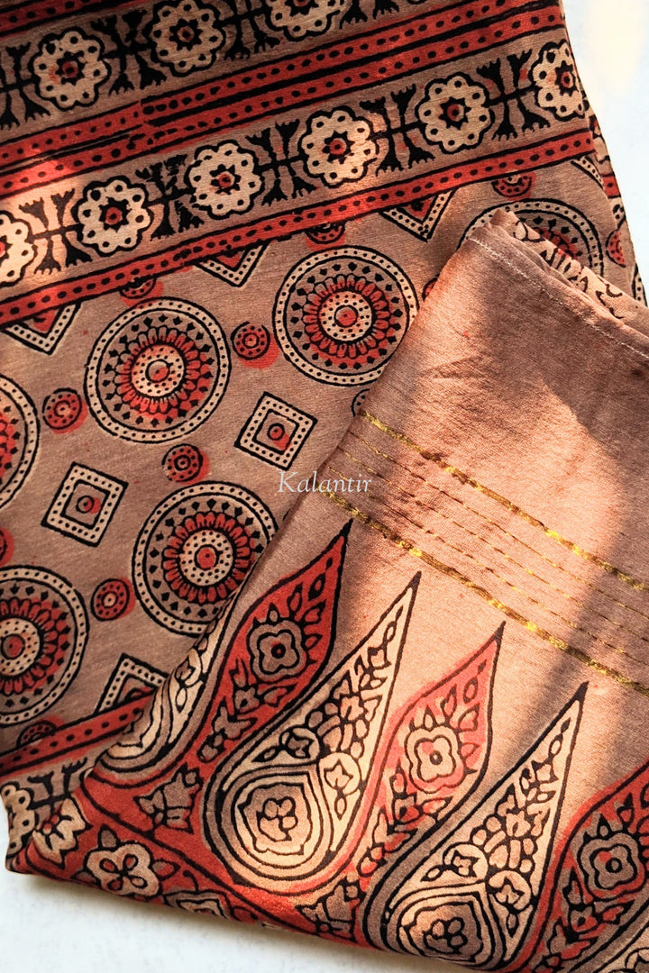 Chanderi Silk Ajrakh Dupatta in Rosewood Brown Color