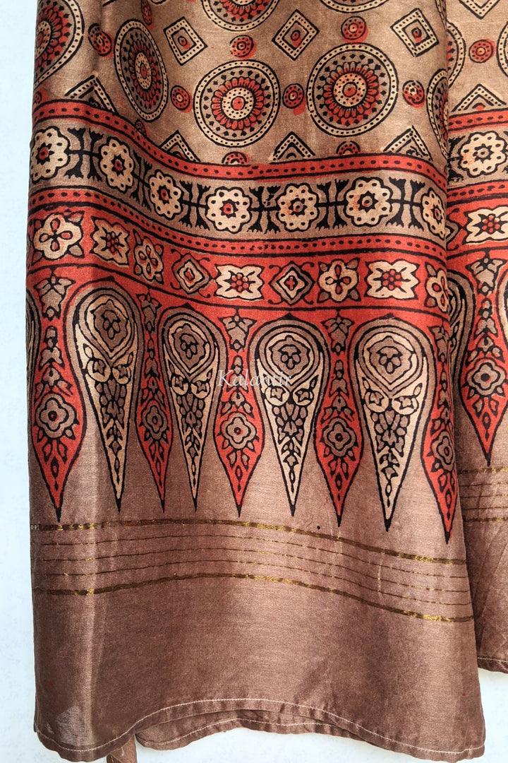 Chanderi Silk Ajrakh Dupatta in Rosewood Brown Color