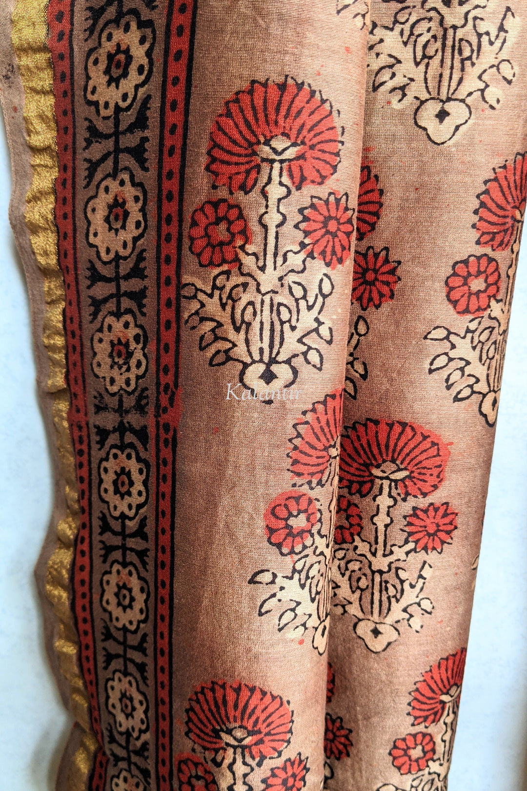 Chanderi Silk Ajrakh Dupatta in Rosewood Brown Color