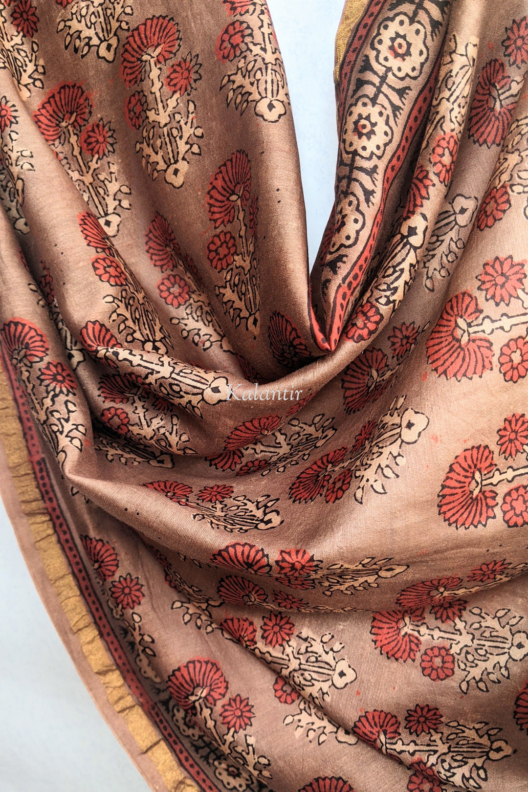 Chanderi Silk Ajrakh Dupatta in Rosewood Brown Color