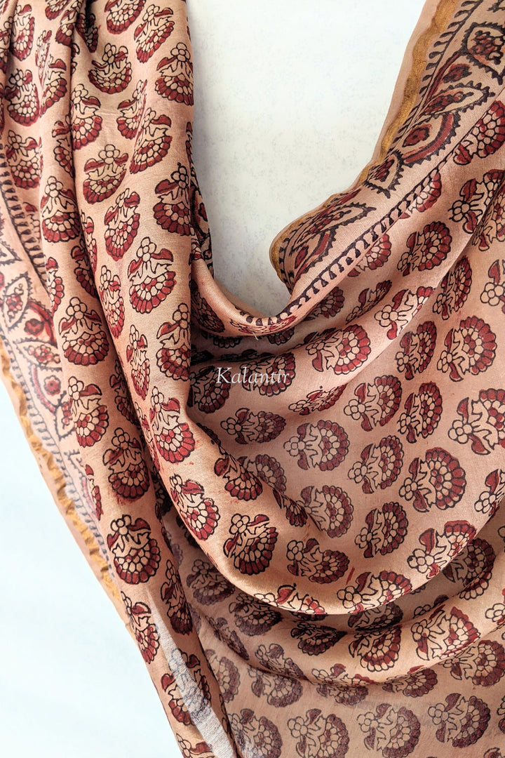 Chanderi Silk Ajrakh Dupatta in Rosewood Brown Color | Floral Motif