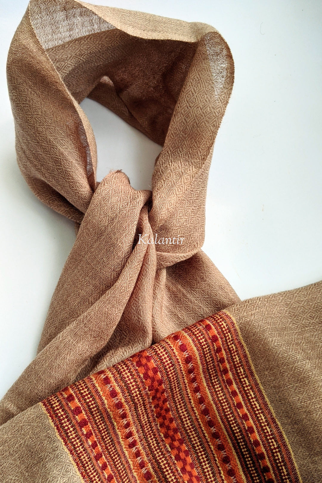 Dark Beige Colored Authentic Woollen Kullu Scarf for Men | Pure Sheep & Angora Wool Blend