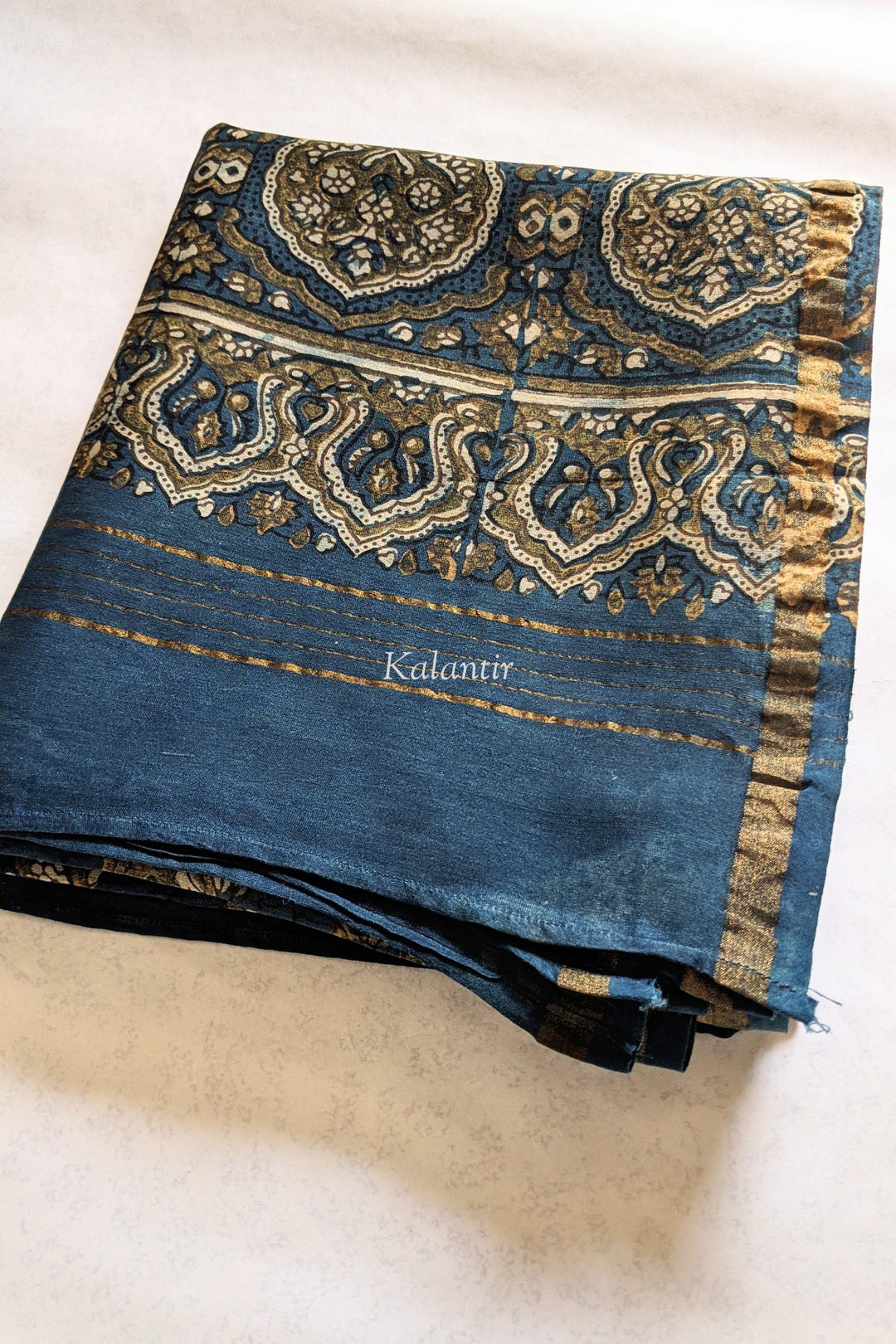 Chanderi Silk Ajrakh Dupatta in Indigo Blue & Golden Yellow