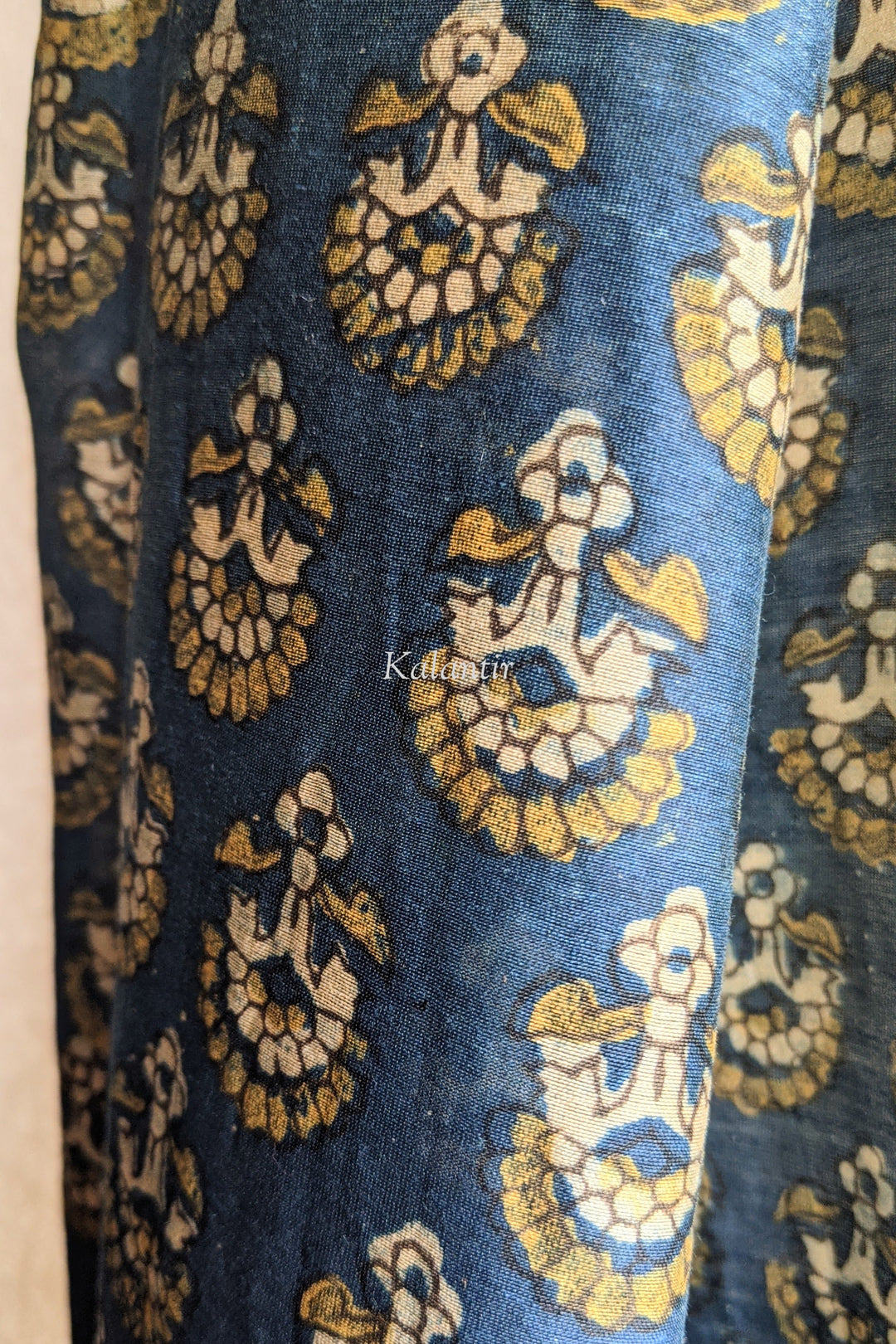 Chanderi Silk Ajrakh Dupatta in Indigo Blue & Golden Yellow | Floral Motif