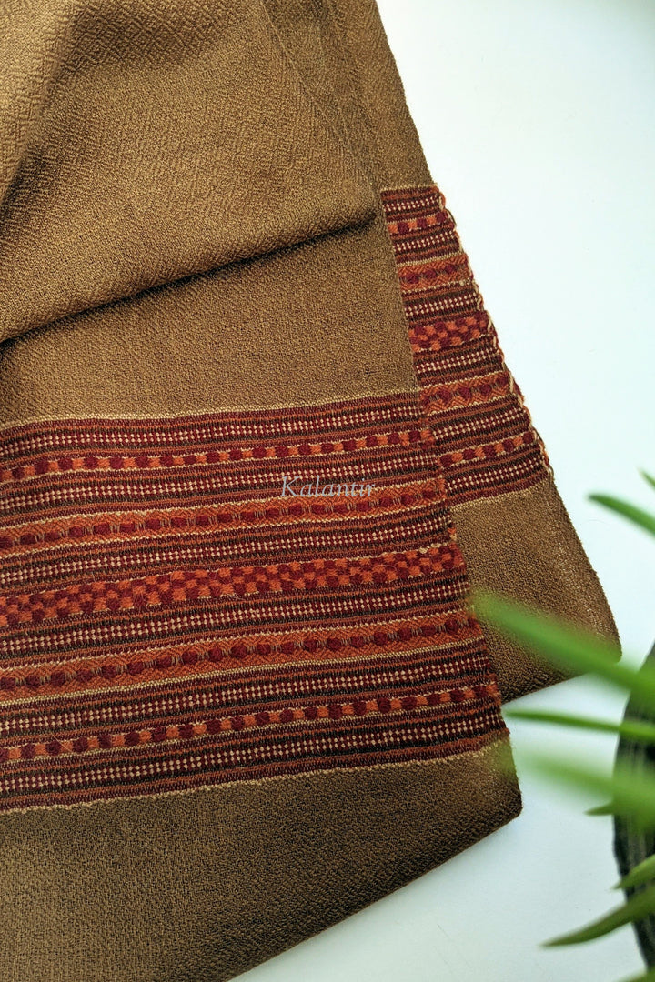 Authentic and Handwoven Mustard Brown Kullu Scarf for Men | Pure Sheep and Angora Wool Blend