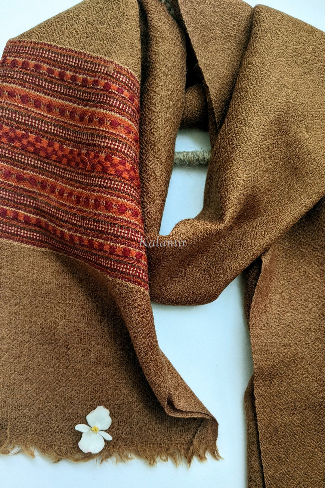 Authentic and Handwoven Mustard Brown Kullu Scarf for Men | Pure Sheep and Angora Wool Blend